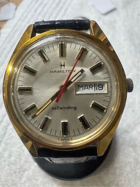 #203 Hamilton Gold-Tone Men's Watch with Black Strap and Red Seconds Hand